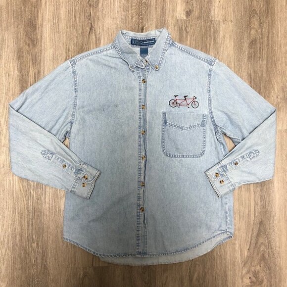 Vintage Button Up Denim Shirt with Bicycle Embroidery 90s Light Wash Jean Shirt - Picture 2 of 13